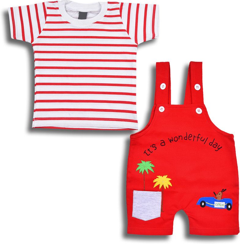 Baby Boys Casual T-shirt Dungaree  (Red)