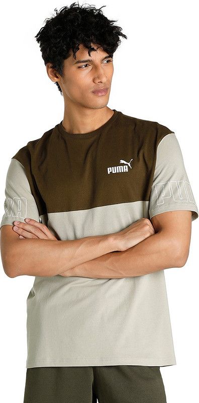 Power Colorblock Tee Men Solid Crew Neck Pure Cotton Beige T-Shirt