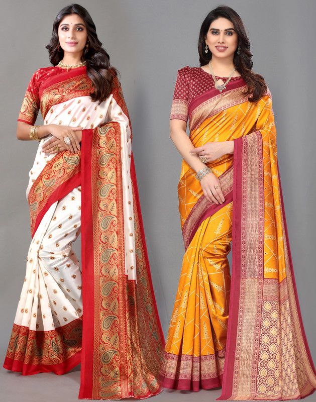 Geometric Print, Printed Banarasi Silk Blend Saree  (Pack of 2, White, Beige)