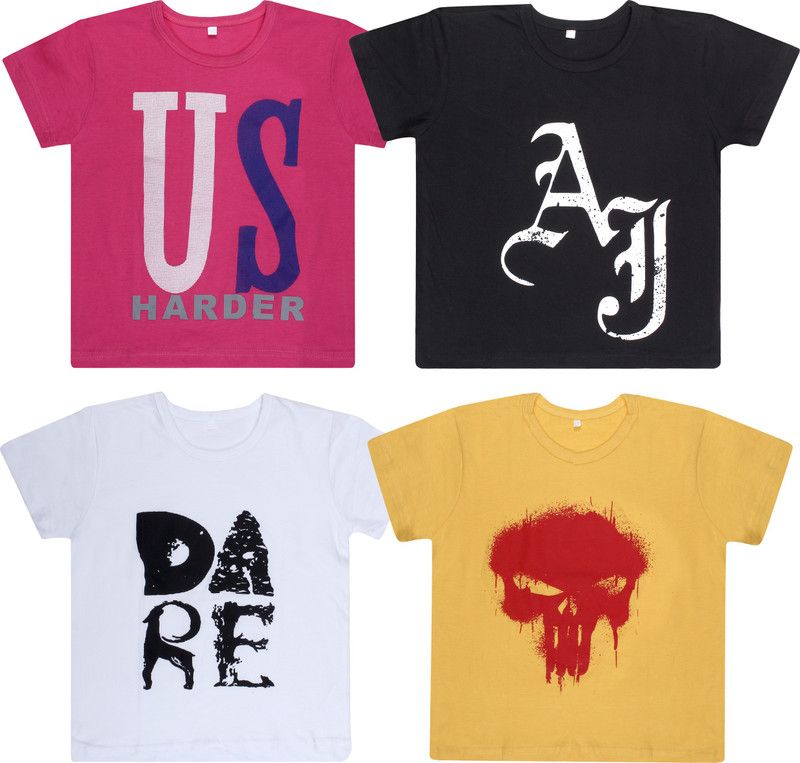 Boys Typography Cotton Blend T Shirt  (Multicolor, Pack of 4)