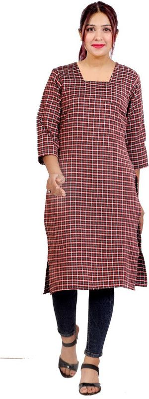 Women Checkered Wool Straight Kurta  (Maroon)