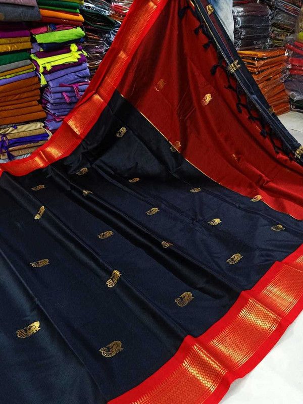 Paithani Cotton Silk Saree  (Black, Red)