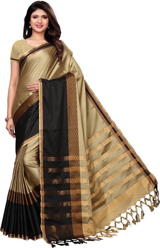 Self Design, Striped Bollywood Silk Blend Saree  (Beige)