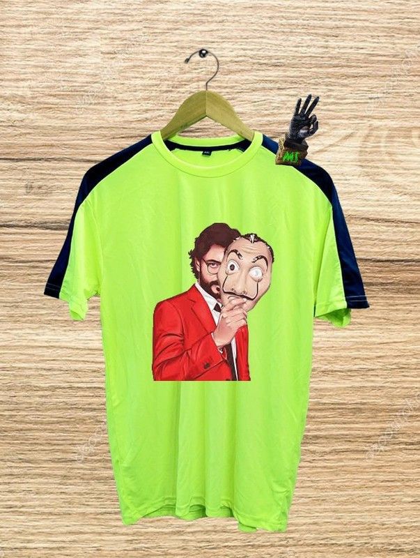 Men Printed Round Neck Elastane Green T-Shirt