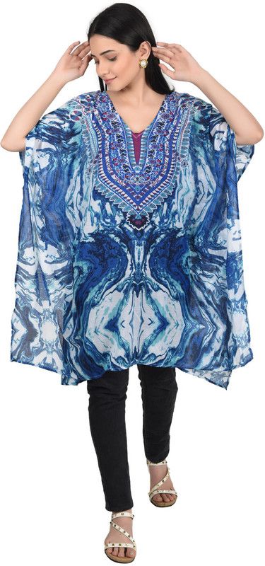Beach Wear Dolman Sleeve Printed Women Blue Top