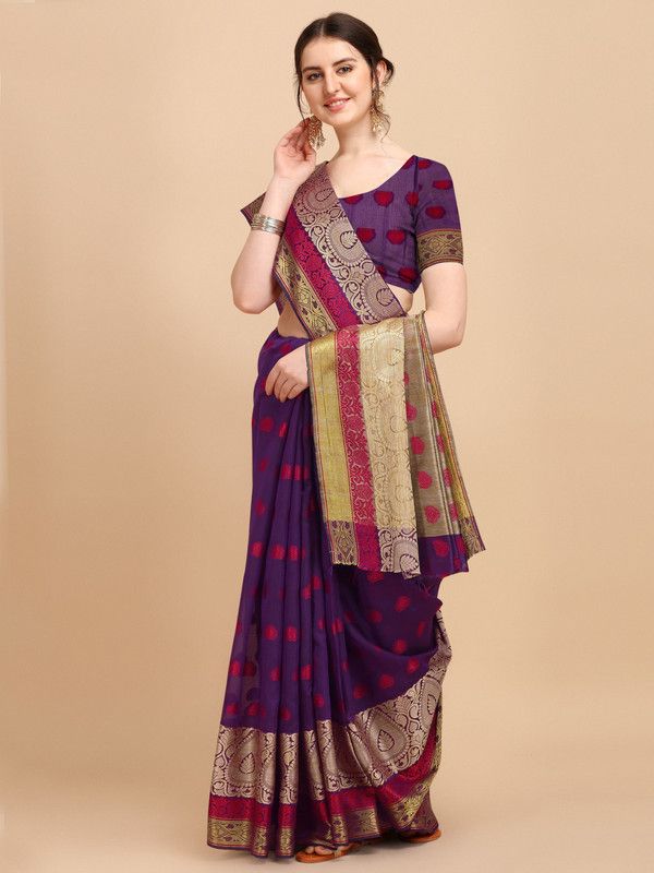 Woven Kanjivaram Cotton Blend Saree  (Purple)
