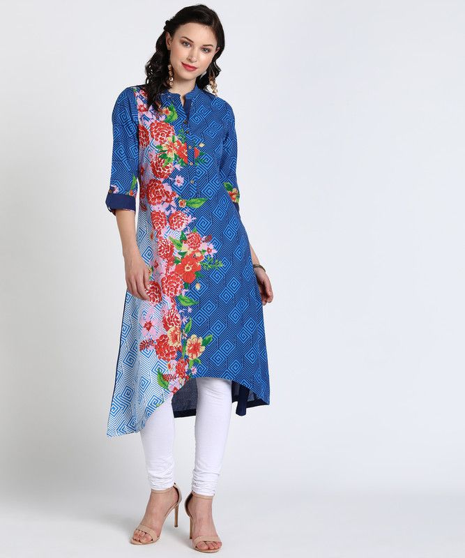 Women Floral Print Cotton Blend High Low Kurta  (Multicolor)