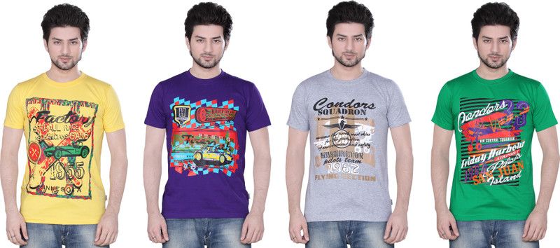 Pack of 4 Men Graphic Print Round Neck Cotton Blend Multicolor T-Shirt