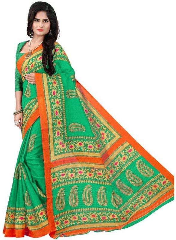 Paisley Bhagalpuri Silk Blend Saree  (Green)