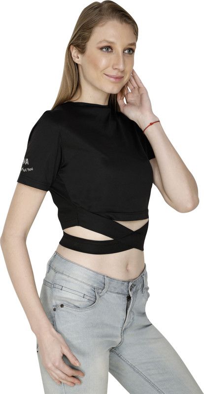 Solid Women Round Neck Black T-Shirt Women Solid Round Neck Polyester Black T-Shirt