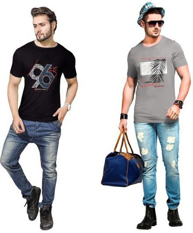 Pack of 2 Men Printed Round Neck Cotton Blend Grey, Black T-Shirt