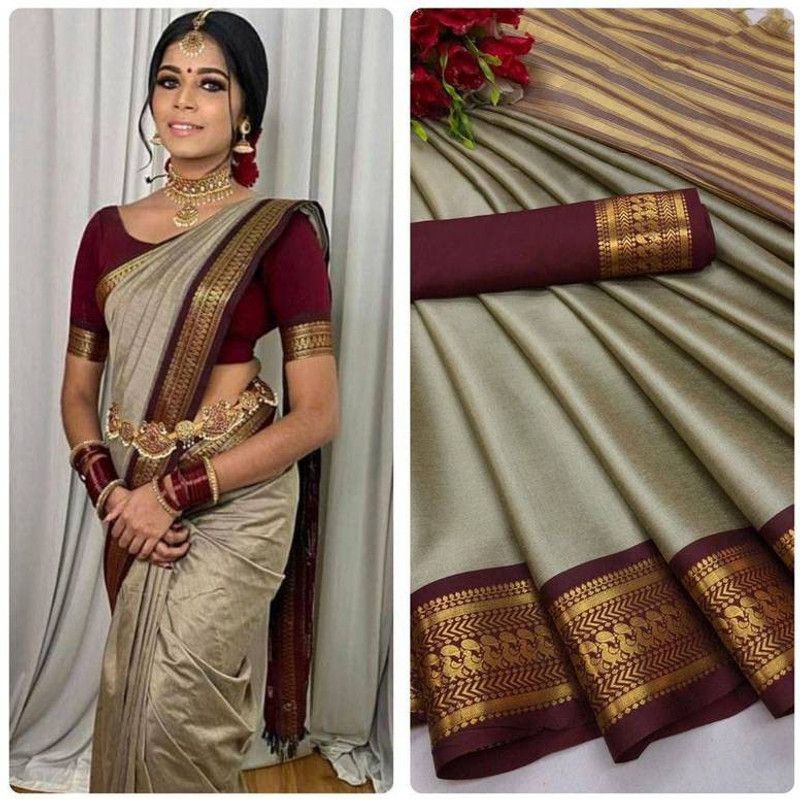 Self Design Kanjivaram Jacquard, Pure Silk Saree  (Maroon, Grey)