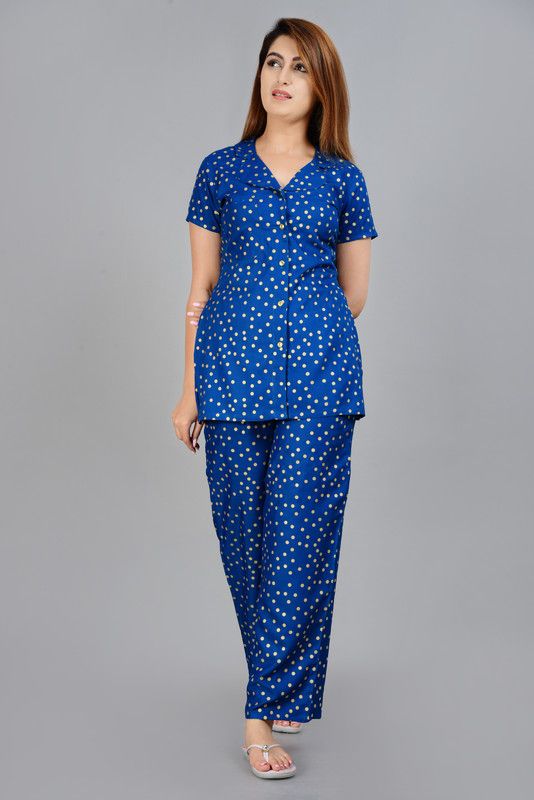 Women Polka Print Light Blue Shirt & Pyjama set