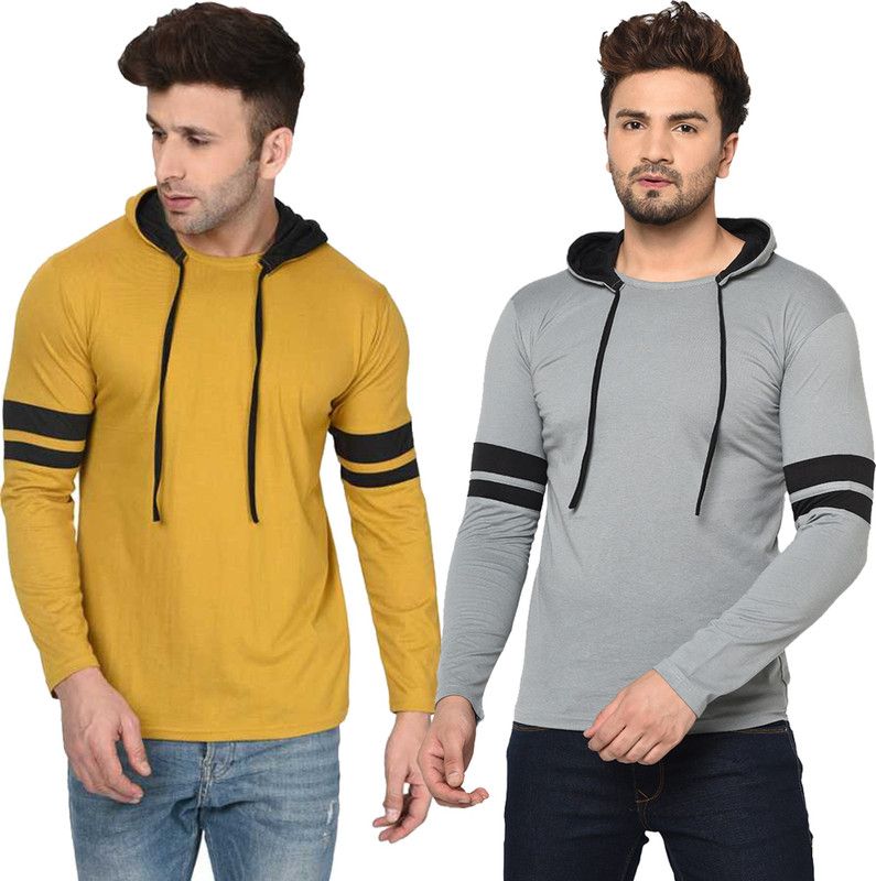 Pack of 2 FZN-MZM Men Solid Hooded Neck Cotton Blend Silver, Gold T-Shirt