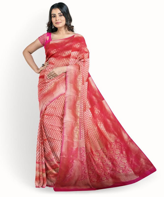 Woven Kanjivaram Jacquard Saree  (Gold, Pink)