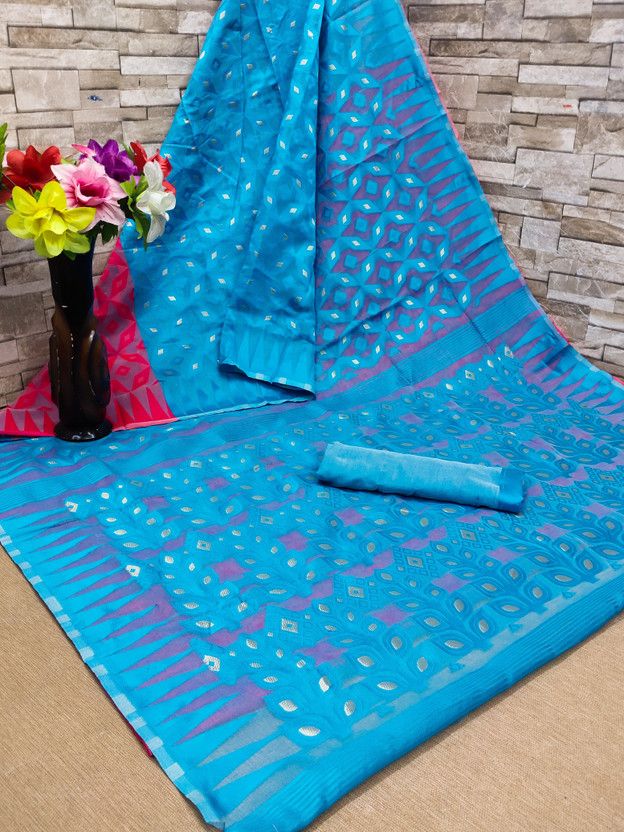 Self Design Jamdani Pure Cotton Saree  (Light Blue)