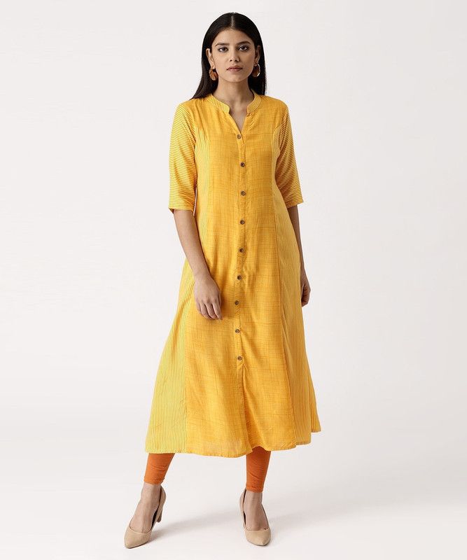 Women Striped Cotton Rayon Frontslit Kurta  (Yellow)