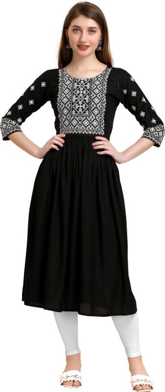 Women Dyed/Ombre Viscose Rayon A-line Kurta  (Black)