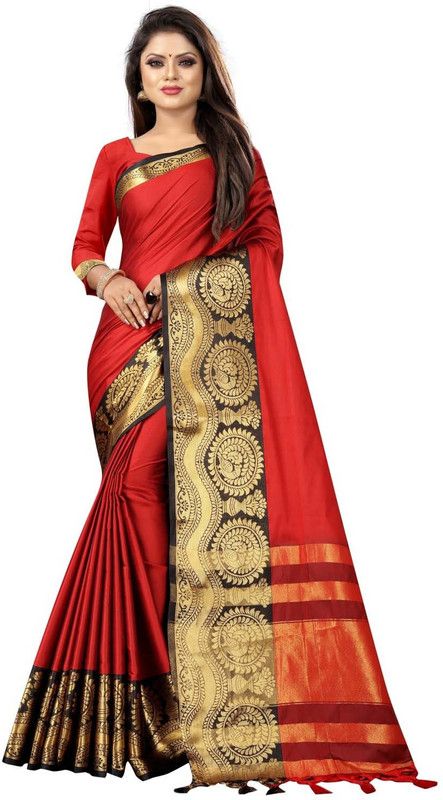 Woven Banarasi Silk Blend, Cotton Silk Saree  (Multicolor)