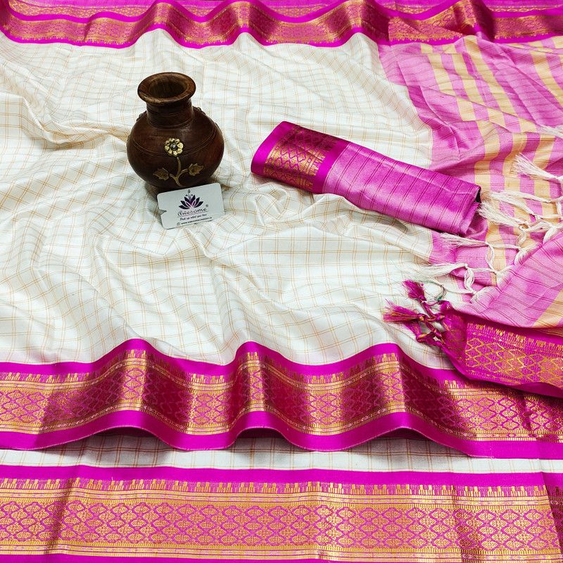 Woven Coimbatore Jacquard, Pure Silk Saree  (White, Pink)