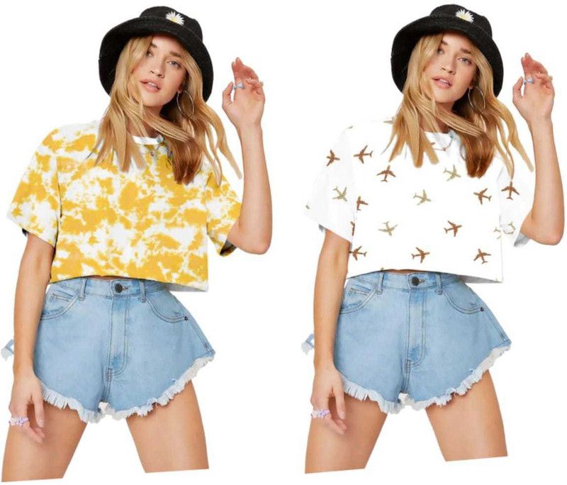 Pack of 2 Casual Regular Sleeves Printed Women Gold Top
