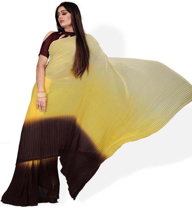 Color Block Banarasi Georgette Saree  (Yellow, Black)