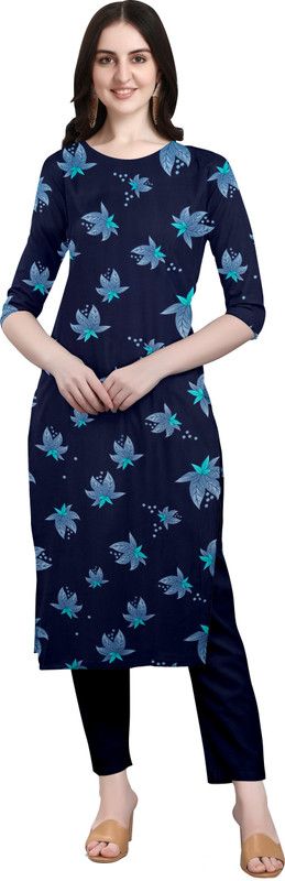 Women Printed Crepe Ethnic Dress  (Blue)