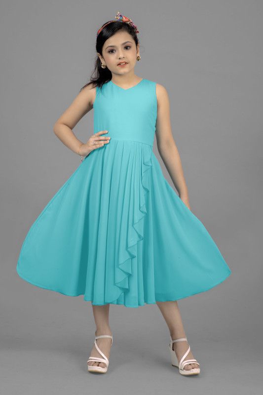 Girls Calf Length Party Dress  (Light Blue, Short Sleeve)