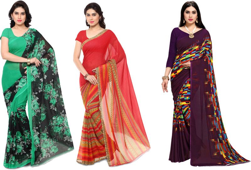 Printed Daily Wear Georgette Saree  (Pack of 3, Purple, Red, Green)