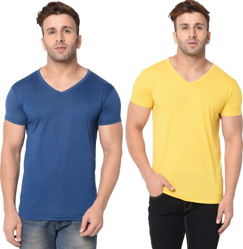 Pack of 2 Solid V Neck Men Solid V Neck Cotton Blend Dark Blue, Yellow T-Shirt