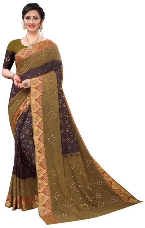 Self Design Bandhani Cotton Blend, Art Silk Saree  (Brown)