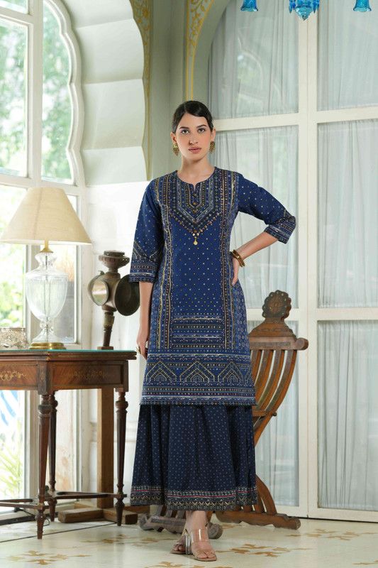 Women Printed Chanderi Flared Kurta  (Blue)