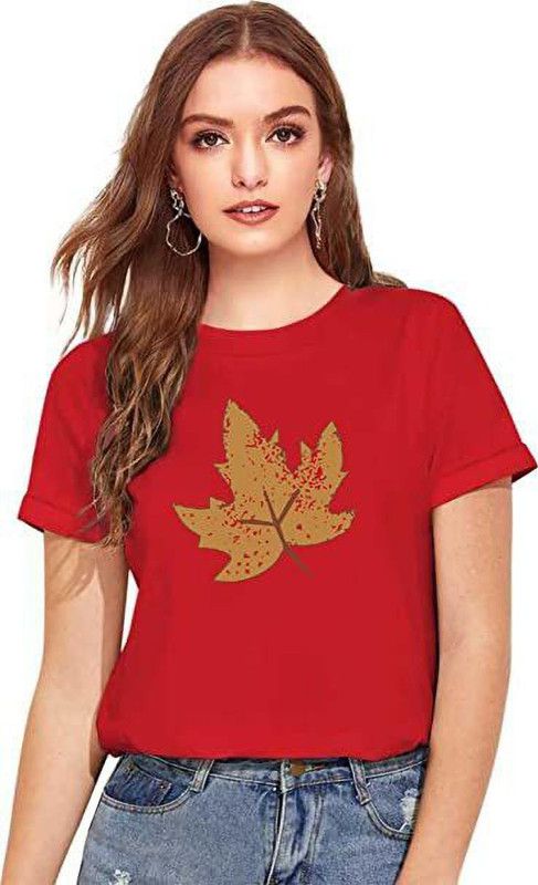 1115_printed top Women Graphic Print Round Neck Cotton Blend Red T-Shirt