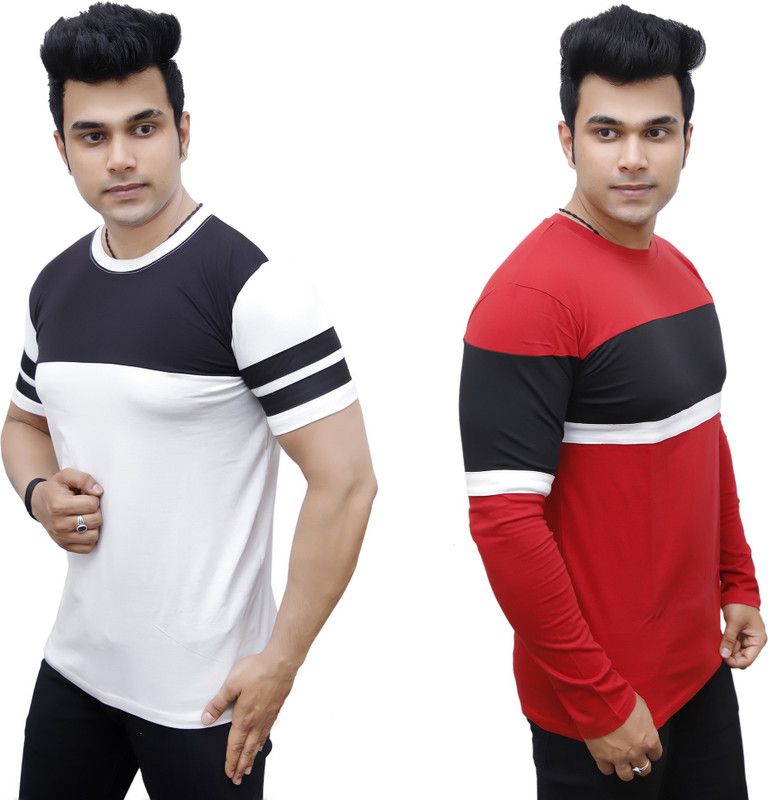 Pack of 2 Men Striped Round Neck Cotton Blend Red, White T-Shirt