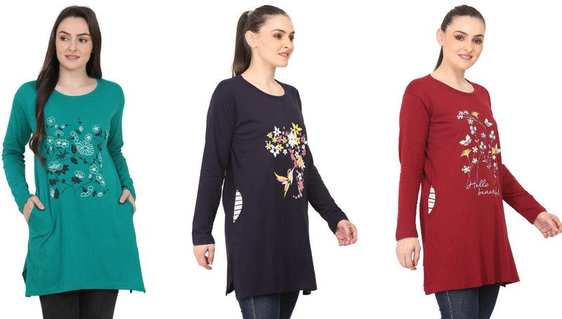 Pack of 3 Women Floral Print Round Neck Cotton Blend Dark Blue, Green, Maroon T-Shirt