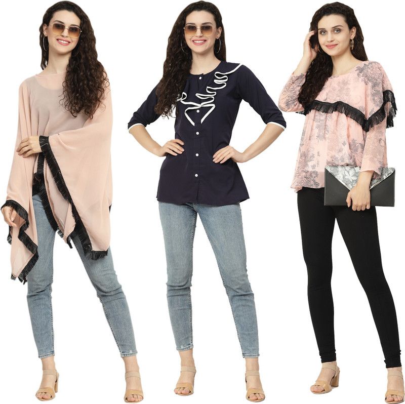 Pack of 3 Casual Regular Sleeves Printed, Solid Women Multicolor Top