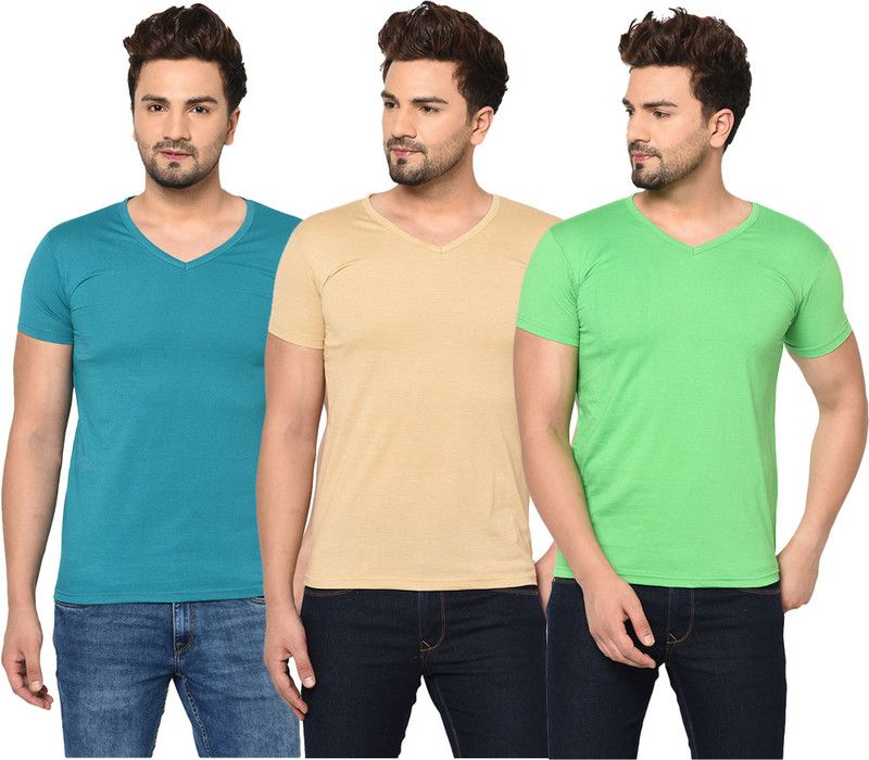 Pack of 3 V neck Combo T-shirts Multicolor Men Solid V Neck Cotton Blend Light Blue, Green, Beige T-Shirt