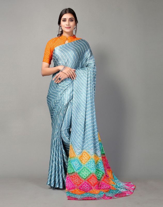 Printed, Geometric Print, Embellished Bandhani Silk Blend Saree  (Blue)