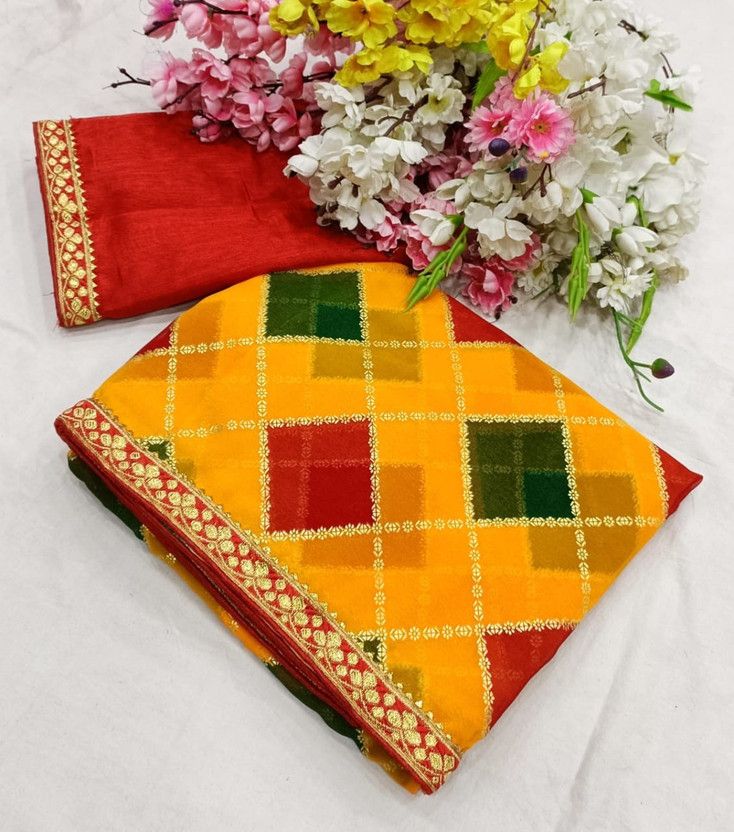 Color Block Bollywood Georgette, Art Silk Saree  (Mustard)