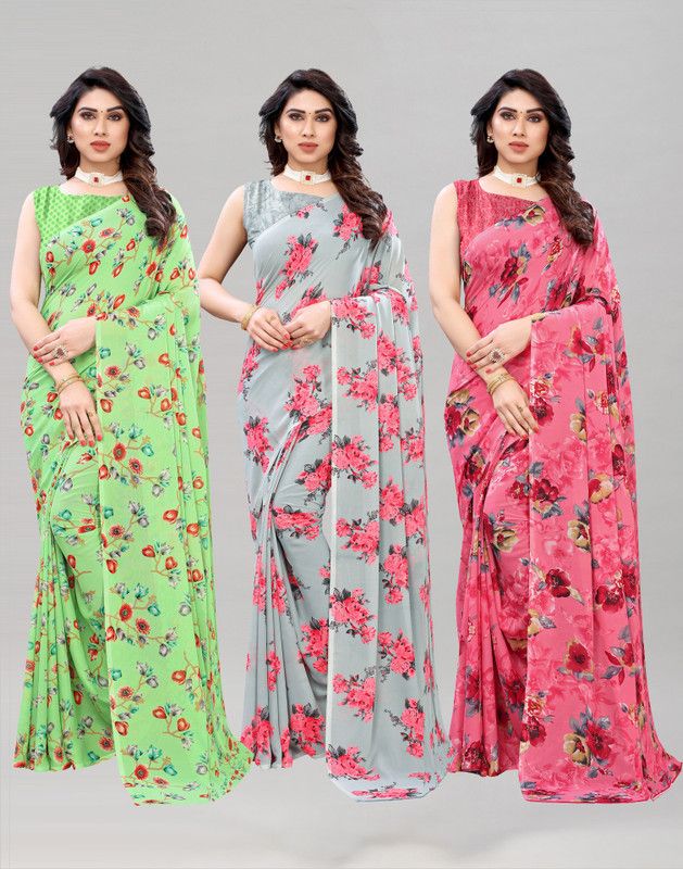 Printed, Floral Print Bollywood Georgette Saree  (Pack of 3, Pink, Grey, Light Green)