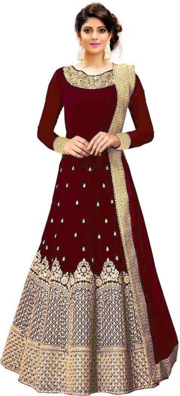 Embroidered Art Silk Stitched Flared/A-line Gown  (Maroon)