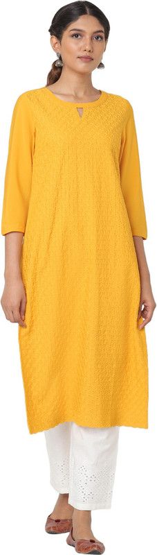 Women Embroidered Crepe Straight Kurta  (Yellow)