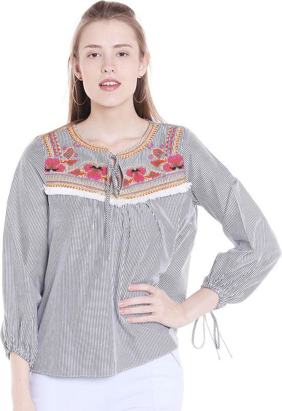 Casual Puff Sleeves Striped Women Grey Top