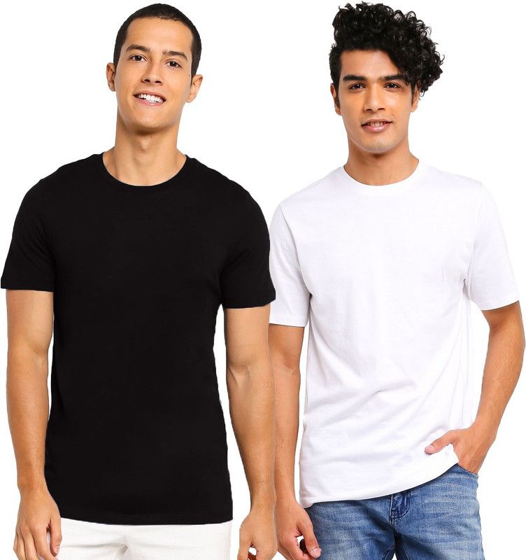 Pack of 2 Plain Combo T-shirt Black & White Pack of 2 Men Solid Round Neck Cotton Blend White, Black T-Shirt