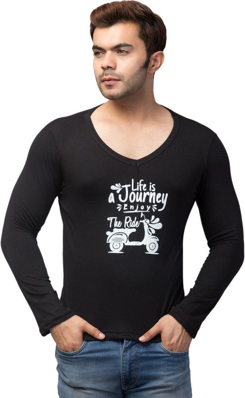 Men Colorblock V Neck Cotton Blend Black T-Shirt
