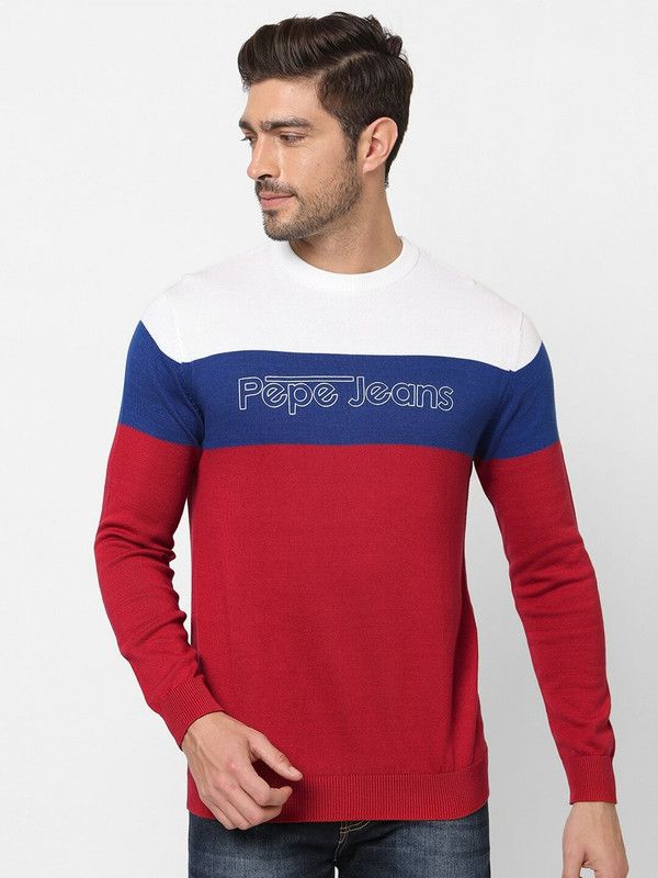 Men Colorblock Round Neck Red Sweater