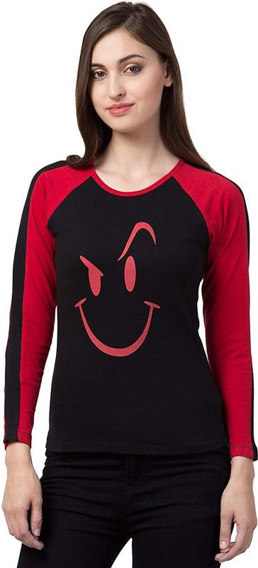Women Printed Round Neck Cotton Blend Red, Black T-Shirt
