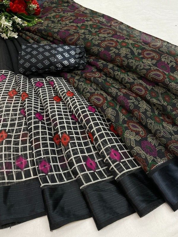 Geometric Print Ikkat Cotton Blend Saree  (Black)