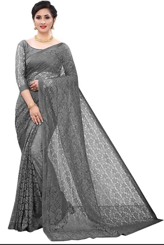 Lucknow Chikankari Net Saree  (Grey)