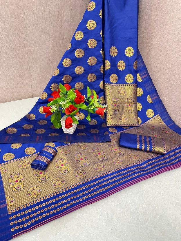 Embellished, Embroidered, Self Design, Woven Mekhela Chador Chanderi, Cotton Blend Saree  (Blue, Gold)